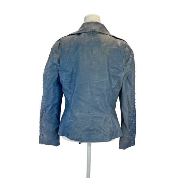 Studded Faux Leather Moto Jacket, Light Blue, Size M - Picture 6 of 7